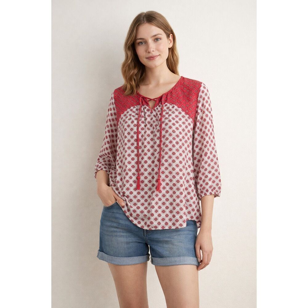 Laura Scott Boho Floral Rayon Peasant Blouse Red White Medium